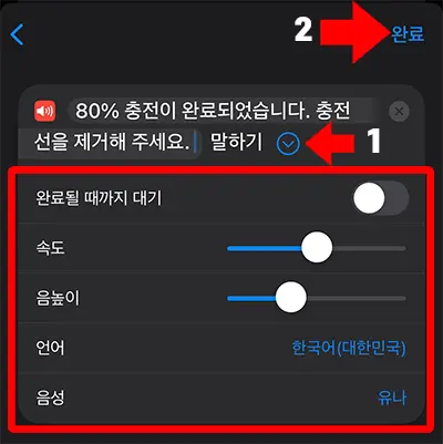 말하기 옆에 > 표시를 눌러 속도, 음높이, 언어, 음성 선택 후 완료 터치
