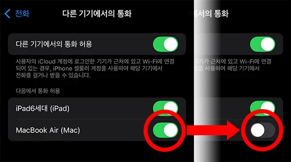 전화를 받지 않으려는 기기의 스위치를 비활성화하면 된다.